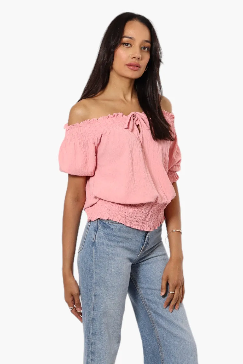 Urbanology Off Shoulder Tie Front Smock Blouse - Pink