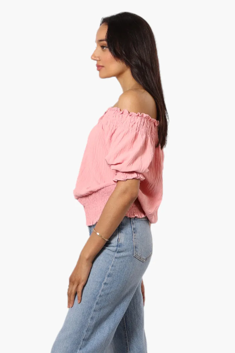 Urbanology Off Shoulder Tie Front Smock Blouse - Pink