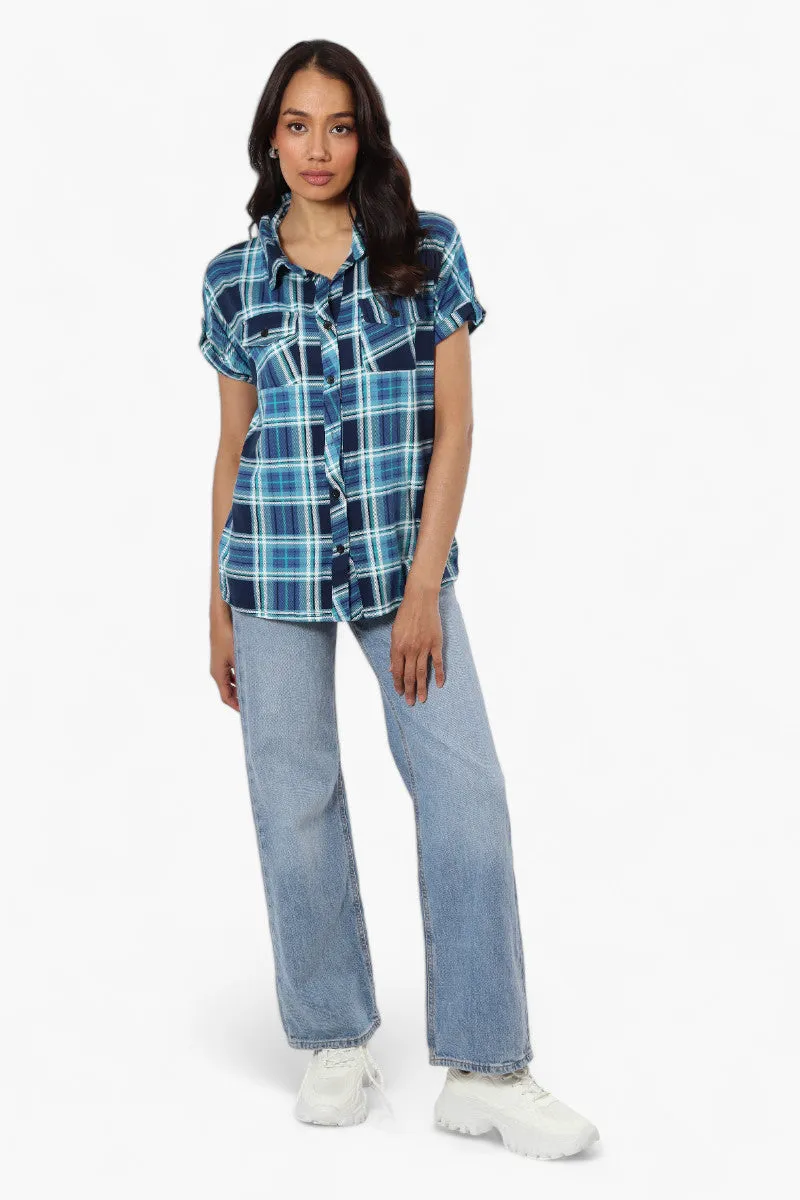 Urbanology Plaid Front Flap Pocket Shirt - Blue