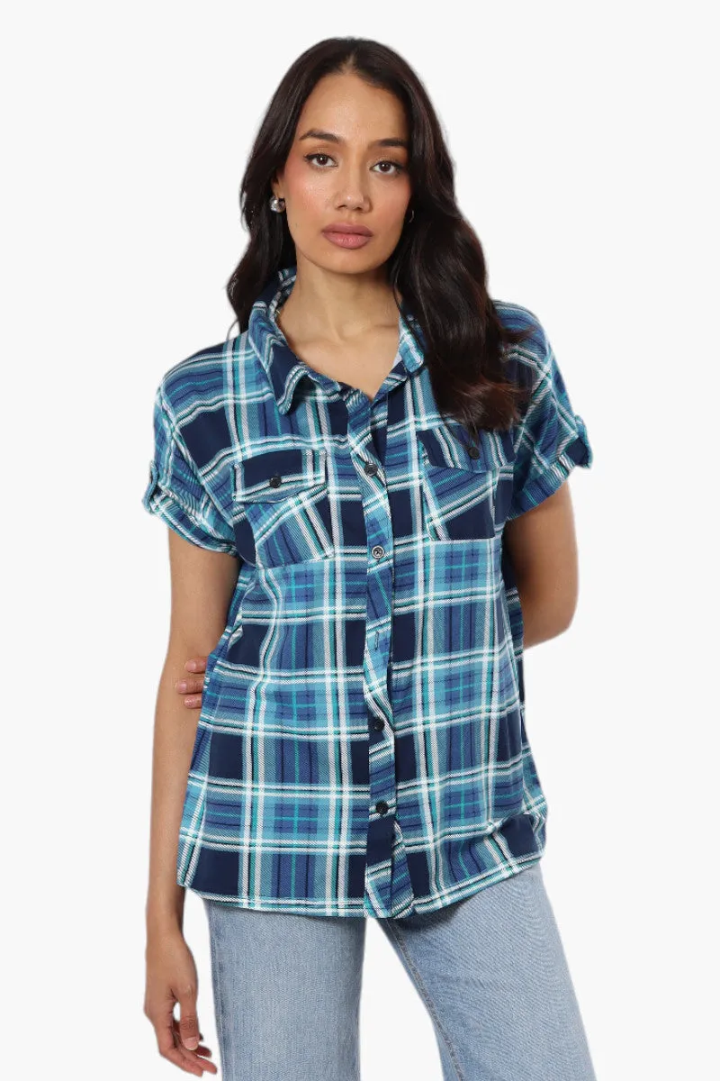 Urbanology Plaid Front Flap Pocket Shirt - Blue