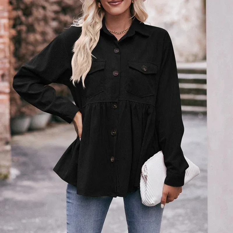 Women's Corduroy Pockets Single Breasted Autumn Winter Trendy Solid Loose Casual Streetwear Blouse