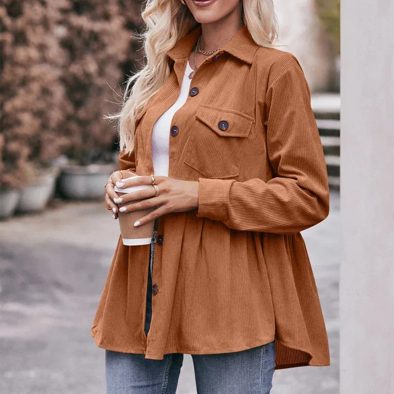 Women's Corduroy Pockets Single Breasted Autumn Winter Trendy Solid Loose Casual Streetwear Blouse