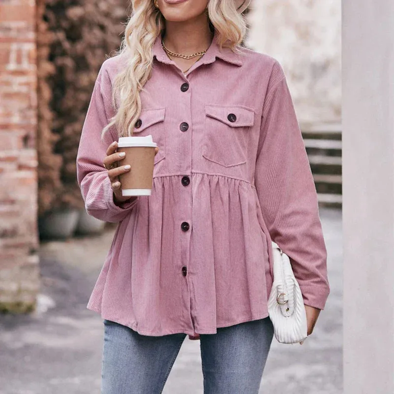 Women's Corduroy Pockets Single Breasted Autumn Winter Trendy Solid Loose Casual Streetwear Blouse